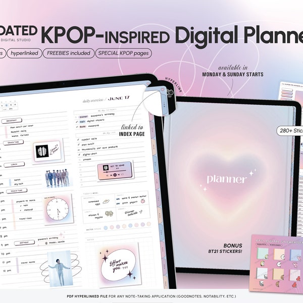 BTS KPOP Undated Digital Planner Light Mode Sunday Monday start | GoodNotes, Notability, iPad Planner, Korean, BT21, Hyperlinked, Minimal,