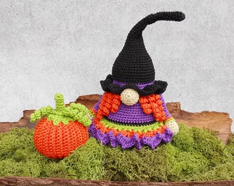 GNOMOS BRUJOS – Patrón de crochet en PDF en alemán: gnomo/bruja con calabaza