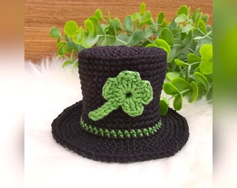 Patrón de crochet en PDF / Instrucciones de crochet Sombrero de copa con hoja de trébol de la suerte - Sombrero de copa / Sombrero de duende con trébol