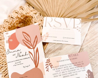 Minimalist Wedding invitation Set, Details Cards, RSVP card, Bundle, Boho, Easy- Printable