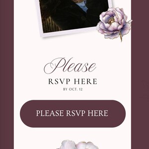 May include: Invitation card design with a photo of a smiling person, floral accents, and the words "Please RSVP HERE" and "PLEASE RSVP HERE". The design features a color palette of white, burgundy, and lavender.