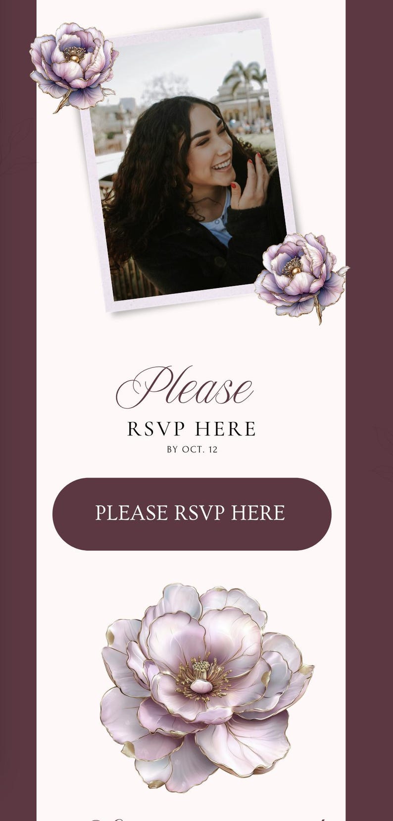 May include: Invitation card design with a photo of a smiling person, floral accents, and the words "Please RSVP HERE" and "PLEASE RSVP HERE". The design features a color palette of white, burgundy, and lavender.