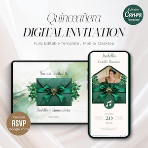 Quinceañera Invitation with RSVP Link, Emerald Green Sweet 16 Website Invitation, Princess Canva Template, Trackable RSVP, Countdown & Music