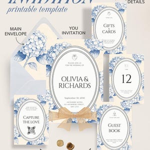 May include: Wedding invitation printable template with blue floral design. Includes invitation, envelope, gift cards, table signs, and guest book. Features the names Olivia & Richards, date, and location. Includes QR code and Etsy logo.
