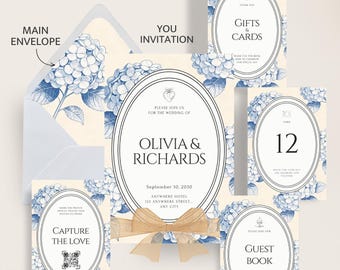 Floral Vintage Wedding Signs Bundle Template Canva, Hydrangea Invitation Suite & Table Numbers, Elegant Classic European Wedding Signs