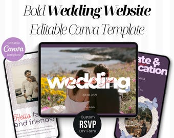 Bold Colorful Wedding Website Template, Plum Digital Wedding Invitation Canva, Lilac Groovy DIY Wedding Save Date, Pastel Editable RSVP
