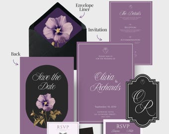 Lilac Romance Wedding Invitation Bundle Template, Floral Wedding Invitation Suite, Editable Wedding Save the Date, Wedding Canva bundle
