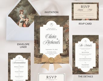 Wedding Invitation Bundle Canva | Baroque Elegant Wedding Stationery Set | Vintage Oil Painting Table Numbers Wedding Signs Editable