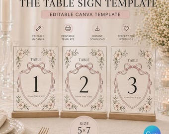 Floral Stained Glass Wedding Table Sign Template, Editable Ceremony Decor (Digital), Pink Bow Wedding Table Sign Template