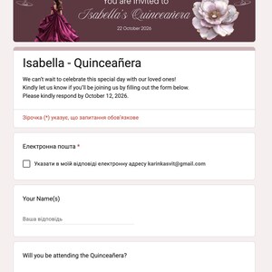 May include: A quincea&ntilde;era invitation with a burgundy header featuring a floral design and a woman in a pink gown. The invitation includes a form to RSVP, with fields for email and name, and asks if the recipient will attend.