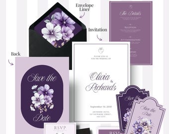 Spring Wedding Invitation Bundle, Lilac Wedding Save the date Template Canva, Floral Wedding Cricut Suite, Editable Wedding Save the Date