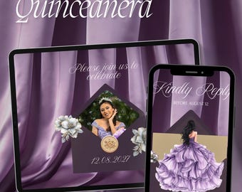 Lilac Purple Quinceañera Digital Invitation | Royal Violet  Quinceanera Website | Quince Anos Website Envelope | Quince Lavender Canva RSVP