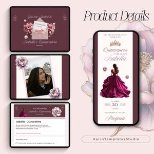 May include: Digital quinceañera invitation design in burgundy, with floral accents and event details. Quinceañera website layout with RSVP form. The design is shown on a tablet and a smartphone, highlighting its adaptability. The invitation includes a photo and event details.