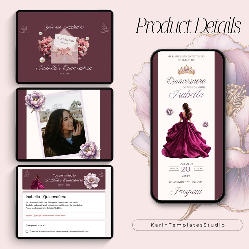 May include: Digital quinceañera invitation design in burgundy, with floral accents and event details. Quinceañera website layout with RSVP form. The design is shown on a tablet and a smartphone, highlighting its adaptability. The invitation includes a photo and event details.