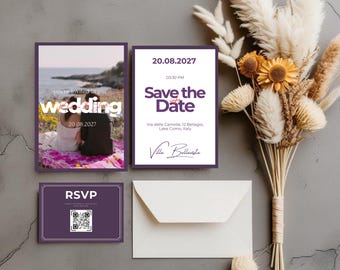 Pastel Wedding Invitation Suite, Plum Bold Colorful Wedding Invite Template, Bright Retro Wedding Stationery, Editable Canva Save the Date