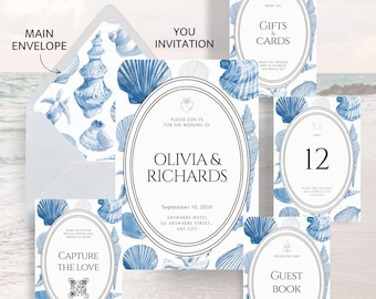 Coastal Blue Wedding Invitation Bundle, Beach Wedding Suite | Ocean Toile Editable Template,  Seashell Wedding Stationery, Instant Download