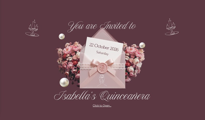 May include: An invitation design for Isabella's Quincea&ntilde;era, featuring a pink envelope with a bow, a floral arrangement, and pearls. The invitation card displays the date: October 22, 2026, Saturday. The background is a deep burgundy color.