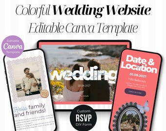 Colorful Wedding Website Template, Spring Wedding Digital Invitation, Pink & Blue Wedding Digital Invite, DIY Save Date digital invitation