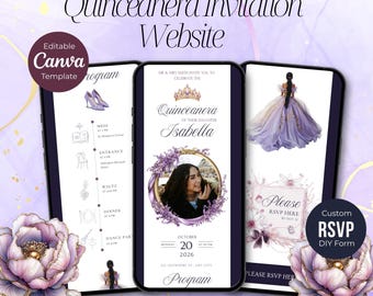 Lilac Lavender Purple Diamond Quinceañera Digital Invitation | Royal Violet XV Website & Amethyst Envelope | Princess Quince Anos Canva RSVP
