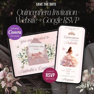 Puede incluir: Una invitación digital para una Quinceañera, mostrada en una tableta y un teléfono inteligente. El diseño presenta una combinación de colores rosa y blanco con detalles florales, perlas y el texto "Isabella's Quinceañera". La invitación incluye la fecha, hora e información de RSVP.