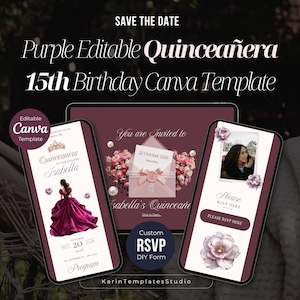 May include: A digital template for a Quincea&ntilde;era 15th birthday celebration. The design features a dark purple color scheme with elegant fonts and floral accents. The template includes customizable elements for invitations and RSVP forms.