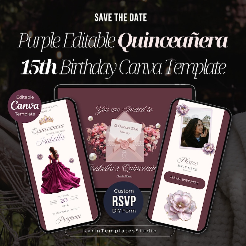 May include: A digital template for a Quincea&ntilde;era 15th birthday celebration. The design features a dark purple color scheme with elegant fonts and floral accents. The template includes customizable elements for invitations and RSVP forms.