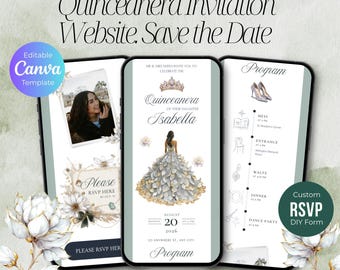 Sage Green Quinceañera Digital Invitation Website – Elegant Silver Eucalyptus Princess XV Invite (Digital)