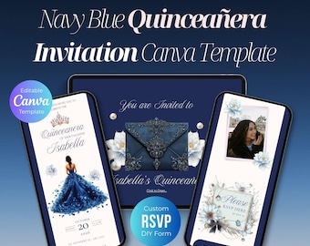 Navy Blue Quinceanera Digital Invite | RSVP Sweet 15 & 16 invitation | Editable Mis Quince Anos Birthday Blue Dimond Invitation Website