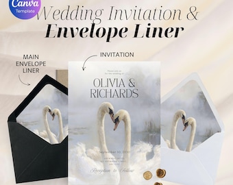 Editable Swan Wedding Invitation Template Canva, Vintage Elegant Wedding Invite Set, Old Money Style, Instant Download, Printable Suite