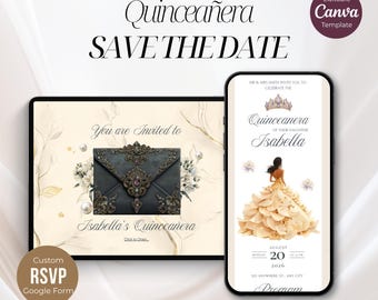 Cream Gold Quinceañera Save the Date Template, Elegant Quince Website, I Beige Quince RSVP Invitation | Quinceanera Digital template