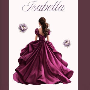 May include: A Quinceanera program invitation with a burgundy and cream color scheme. The invitation features an illustration of a woman in a flowing magenta gown, the name "Isabella", and event details including the date, time, and location.
