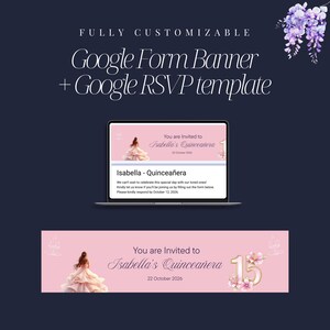 May include: A digital invitation for Isabella's Quincea&ntilde;era, featuring a pink banner with a quincea&ntilde;era illustration, the text "You are Invited to Isabella's Quincea&ntilde;era", and the date. The image also includes a laptop displaying the invitation.