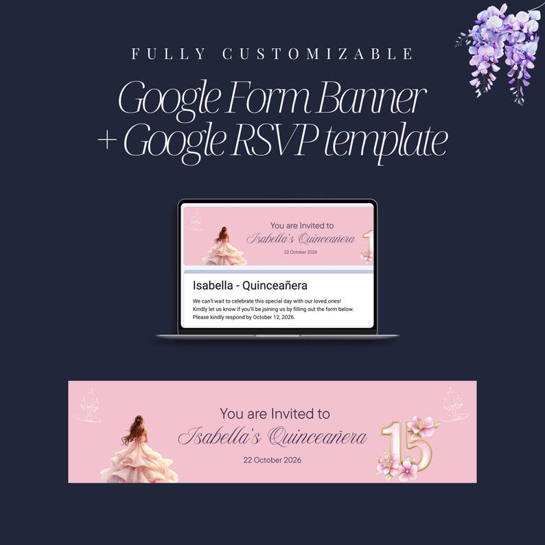 May include: A digital invitation for Isabella's Quincea&ntilde;era, featuring a pink banner with a quincea&ntilde;era illustration, the text "You are Invited to Isabella's Quincea&ntilde;era", and the date. The image also includes a laptop displaying the invitation.