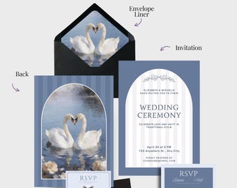 Elegant Swan Wedding Invitation Template, Swan Envelope Liner Template, Wedding Save the Date Card, Printable Wedding Invitation Suite Canva