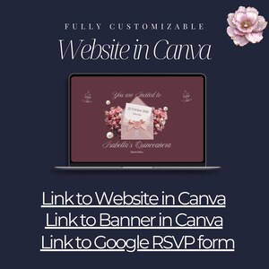 May include: A laptop screen displays a quincea&ntilde;era invitation design. The invitation features a pink envelope with floral and pearl accents, and the text "Isabella's Quincea&ntilde;era." The image includes the text "FULLY CUSTOMIZABLE Website in Canva."