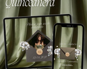 Sage Green Quinceañera Digital Invitation Website | Quinceanera website with Elegant Envelope | Quince Princess XV Invite (Digital Download)
