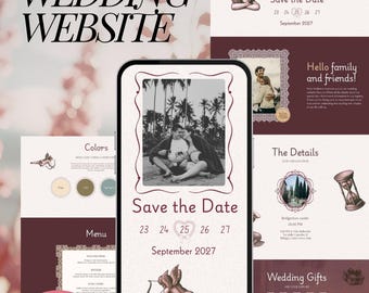 Illustrated Wedding Website, Vintage Cherub Invitation, DIY Cherry Marsala Wedding Website Mobile Invite, Timeless Canva Website RSVP