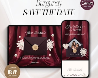 Old Money Save the Date Wedding Website with RSVP | Wedding Digital Invitation Template Canva |   Burgundy Style | Editable Canva