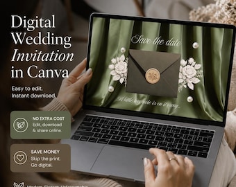 Sage Green Save the Date Wedding Digital, Envelope Wedding Website with RSVP | Wedding Digital Invitation Template |  Editable Canva