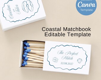 Editable Wedding Favor Matchbox Template, Coastal Matchbox Canva Printable, Ocean Customizable Wedding Matchbox, Beach Seashell Matchbook
