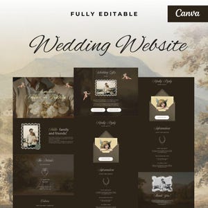 Könnte beinhalten: Eine Vorlage für eine Hochzeitswebsite im Vintage-Stil. Das Design hat einen dunkelbraunen Hintergrund mit Abschnitten für Hochzeitsdetails, Geschenke und RSVP. Der Text "Wedding Website" ist prominent dargestellt, zusammen mit dem Canva-Logo.