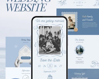 Romantic Beach Wedding Website Template with RSVP | Elegant Coastal Wedding Website Canva | Ocean Shells Digital Wedding Invitation