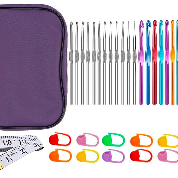 36pcs Yarn Knitting Crochet Hooks Set Needles Full Kit With Soft Tape, Markers, Purple Storage Travel Bag Case, Agujas de Tejer Costura