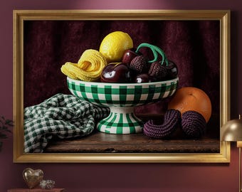 Kunstdruck „Stillleben mit Obstschale“, Wanddeko im Häkelstil, kariertes Küchenposter