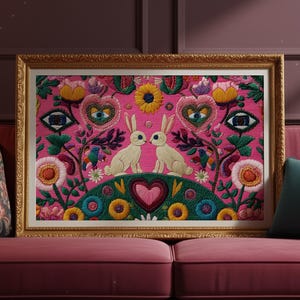 Sacred Rabbits in Love: Whimsical Embroidery Style Bunny Art, Surreal Folk Botanical Print, All-Seeing Eyes & Blooming Heart Symbols
