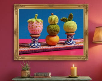 Cuadro surrealista de frutas tejidas para pared, decoración vibrante para la cocina, lámina artística de naturaleza muerta en rosa y verde.