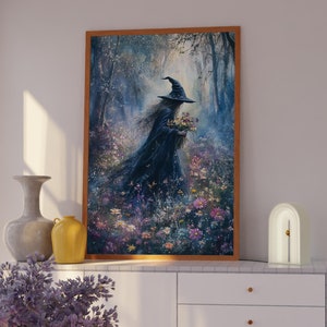 Impresión de arte de pared de bruja del bosque encantador, pintura de bruja del bosque mágico, arte de bosque místico floral caprichoso, Halloween de brujas de naturaleza fantástica