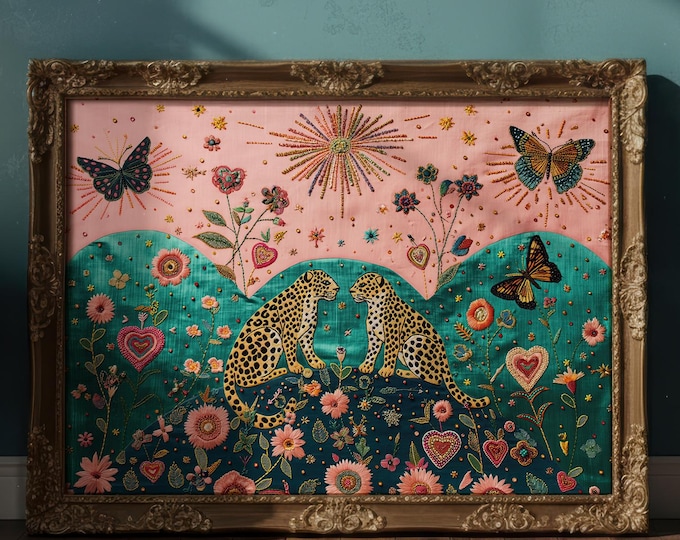 Mistyczny lampart i motyl – dekoracja ścienna, surrealistyczny botaniczny nadruk ludowy, dekoracja w stylu haftu