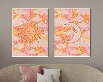 70s Sun and Moon Poster Set: Retro Celestial Wall Art, Vintage Poster, Trendy Decor