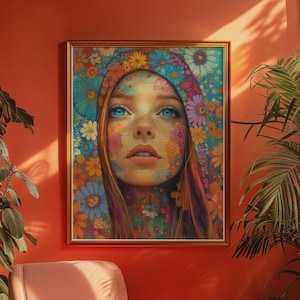 Hippie Girl Surreal Art Print, Floral 70s Wall Art, Hippie 60s Decor, Vintage Poster Hippie, Retro Aesthetic Poster, Colorful Wall Art